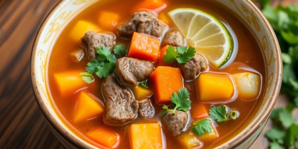 Bowl of Caldo de Res with vegetables and beef.