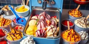 Ice cream fryer with colorful ingredients and delicious desserts.